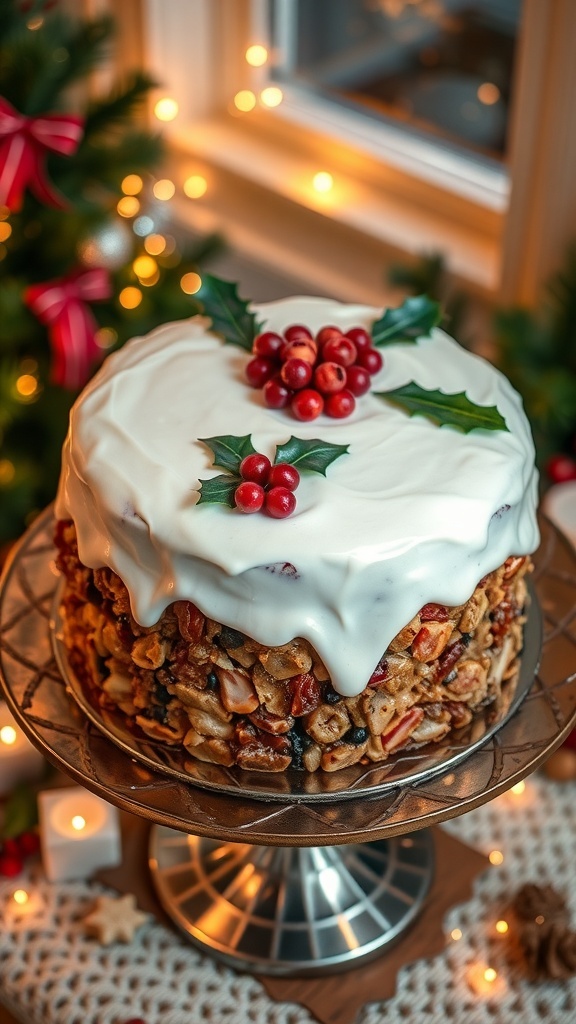 A traditional Christmas cake decorated with icing and festive ornaments, displayed on a cake stand with holiday decorations.